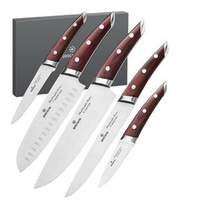 Brewin CHEFILOSOPHI Japanese Chef Knife Set 5 PCS with Elegant Red Pakkawood
